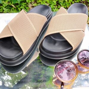 ANEW ANOTHERSOLE SZ 41 9 1/2 TAUPE MARSHMELLOW SANDALS SLIDES NWOB